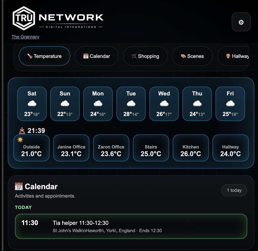 TRU Home dashboard showing weather, room temperatures and today's calendar