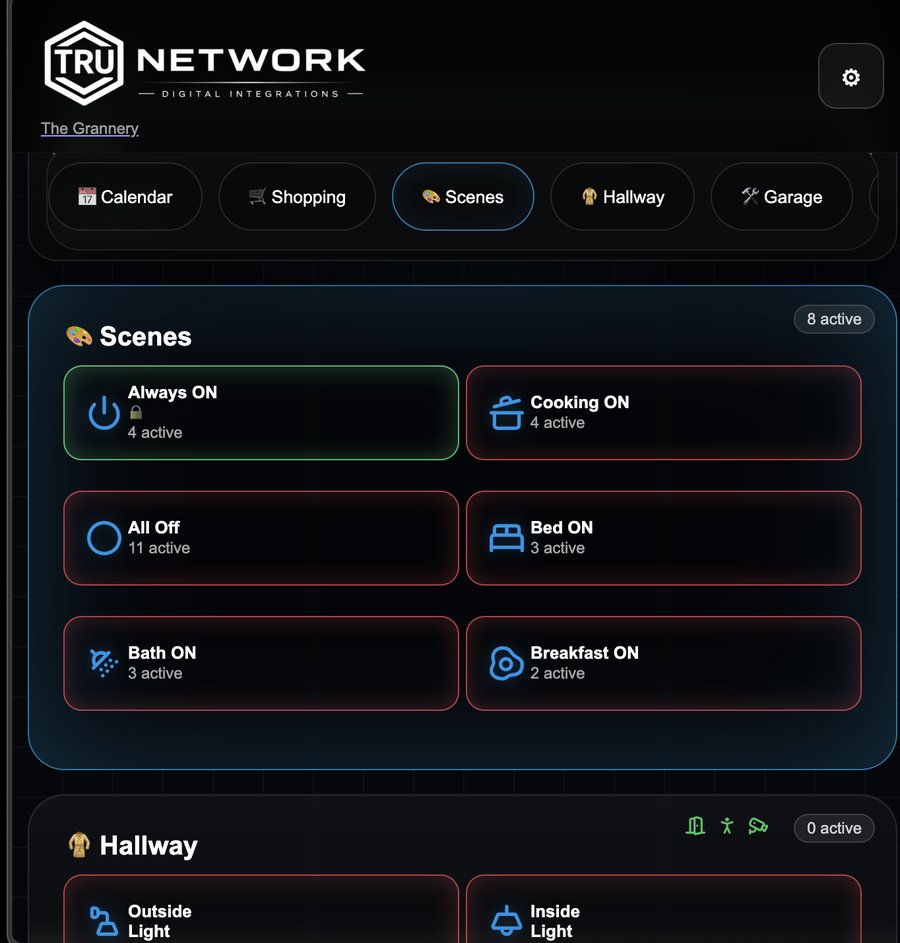 TRU Home scenes screen with one-tap lighting and routine controls