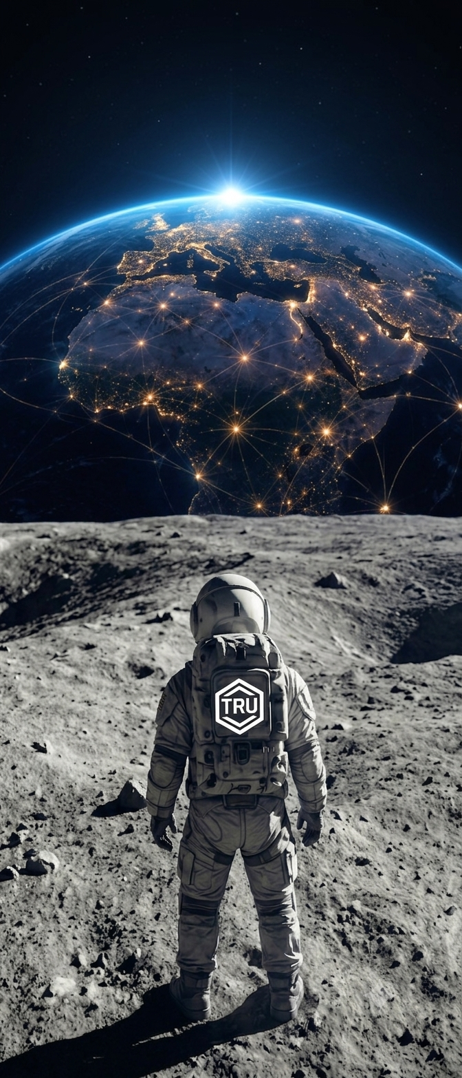 A TRU astronaut on the moon, looking back at Earth